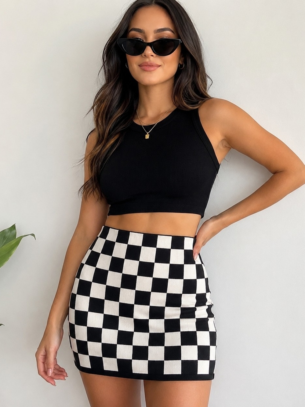 OAK + FORT Checkerboard Mini Skirt Black Cream Knit Y2K Inspired Size S